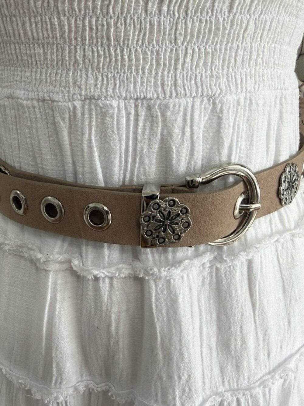 Taupe Suede-Look Belt Silver Grommets Flower Conchos Horseshoe Buckle Boho
